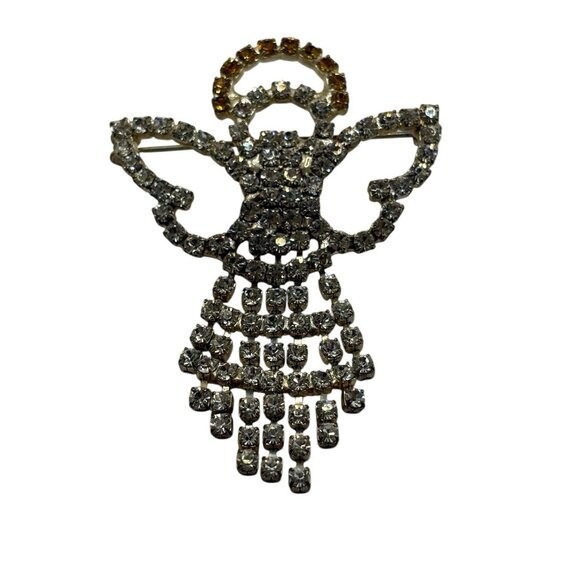 VTG Angel Brooch Pin Cherub w/ Halo Dangling Crystal Clear Rhinestones No Lead - Picture 5 of 14